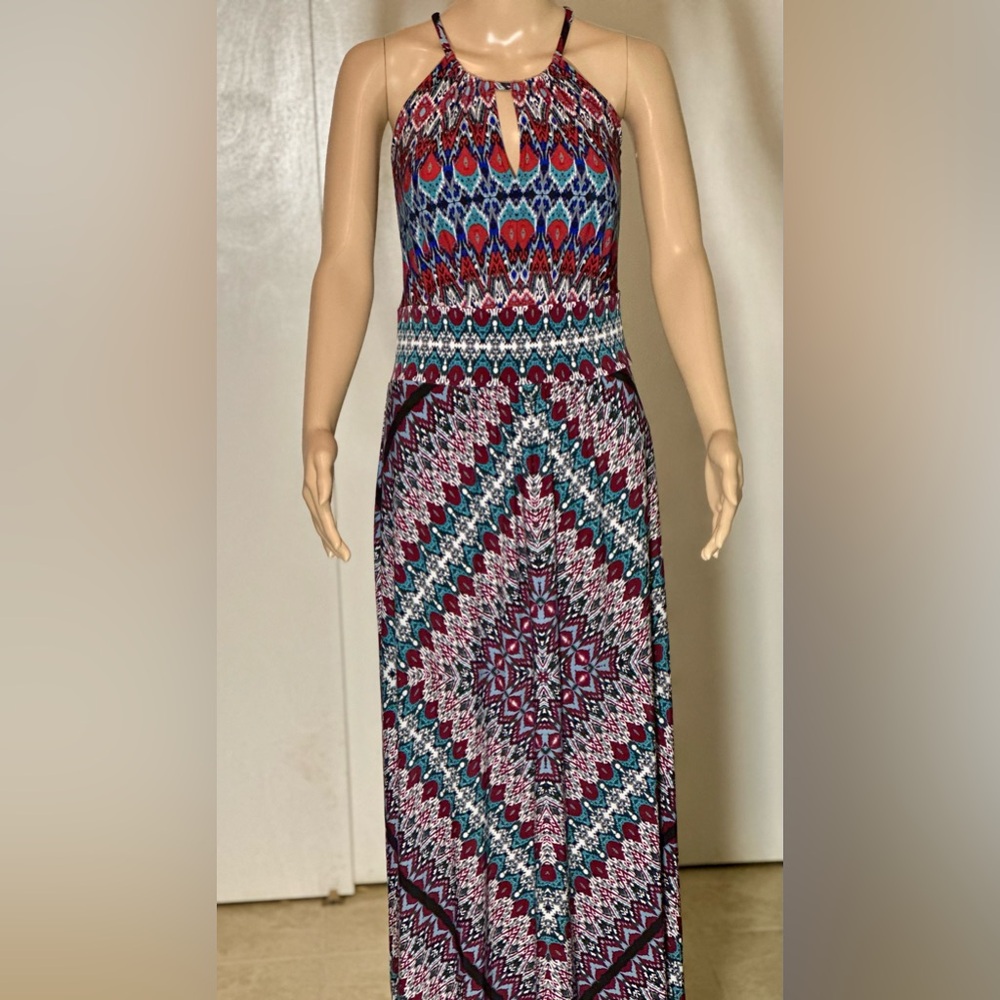 London Times Blue and Red Geometric Maxi Dress